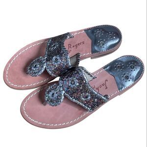 Jack Rogers Cleo Glitter Confetti Flat Sandals Silver Boho Coastal Resort Size 6